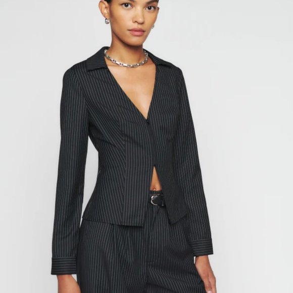 Reformation Bala Top Stripe Long Sleeve Collared Open Neckline Front Zip… - Picture 3 of 6